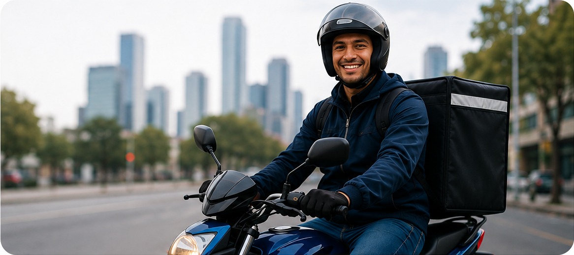 Repartidor sonriendo en su moto con caja de delivery en la ciudad