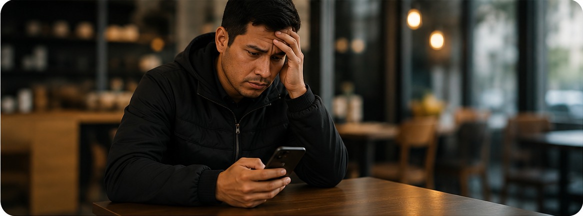 Repartidor revisando preocupado su celular